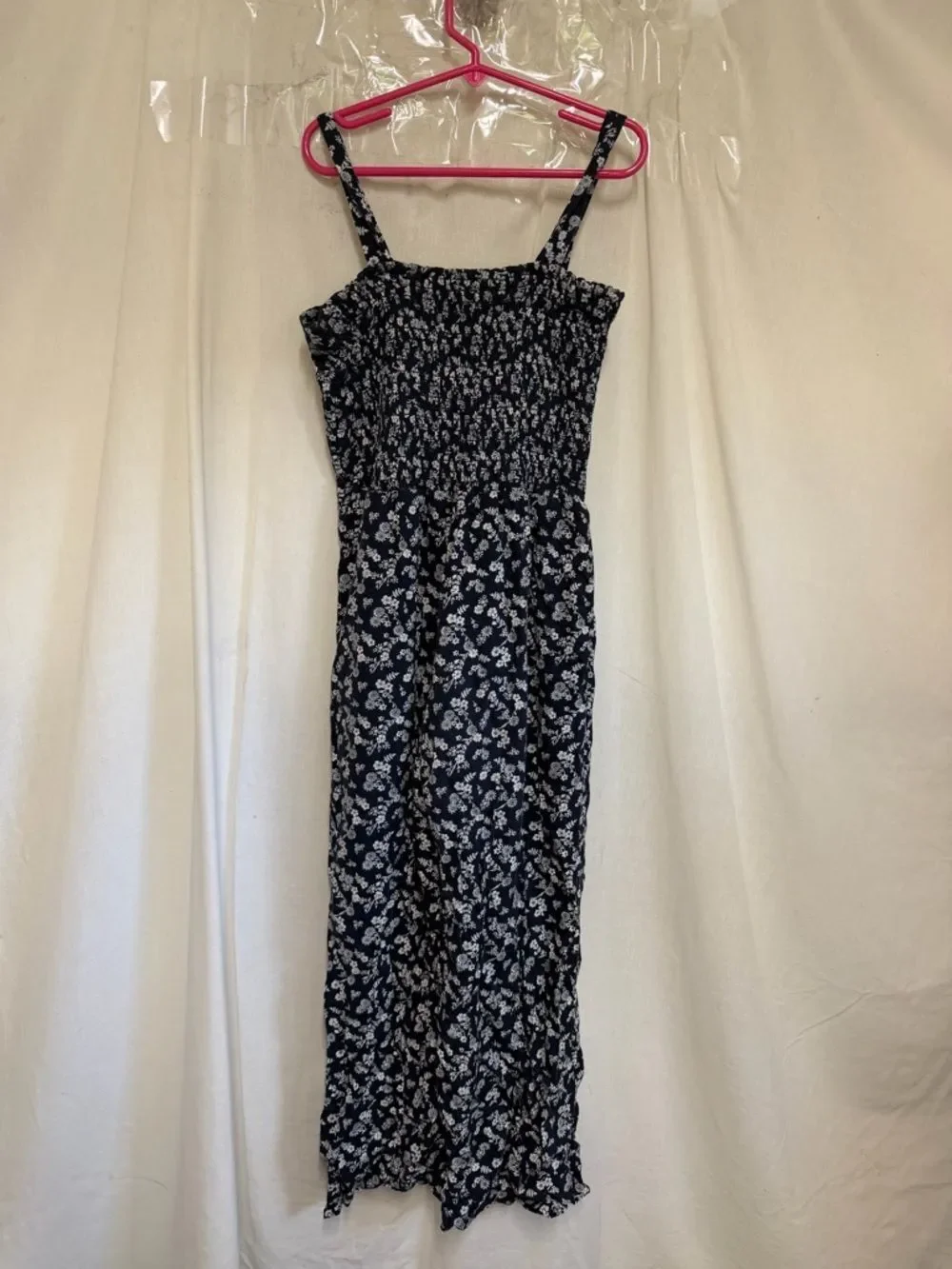 Aqua Girls Blue White Floral Print Smocked Sleeveless Jumpsuit Size L